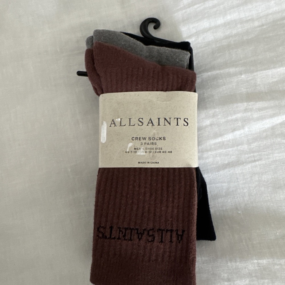 Men's 3-pair ALLSAINTS Crew Socks Flat Knit Black Gray Brown One Size 7-13
